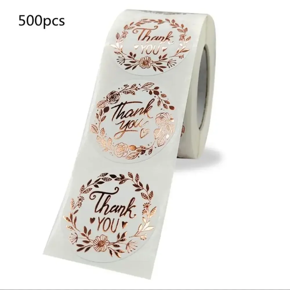 1 Roll of 500 Thank You Rose Gold Foil Floral Stickers Labels